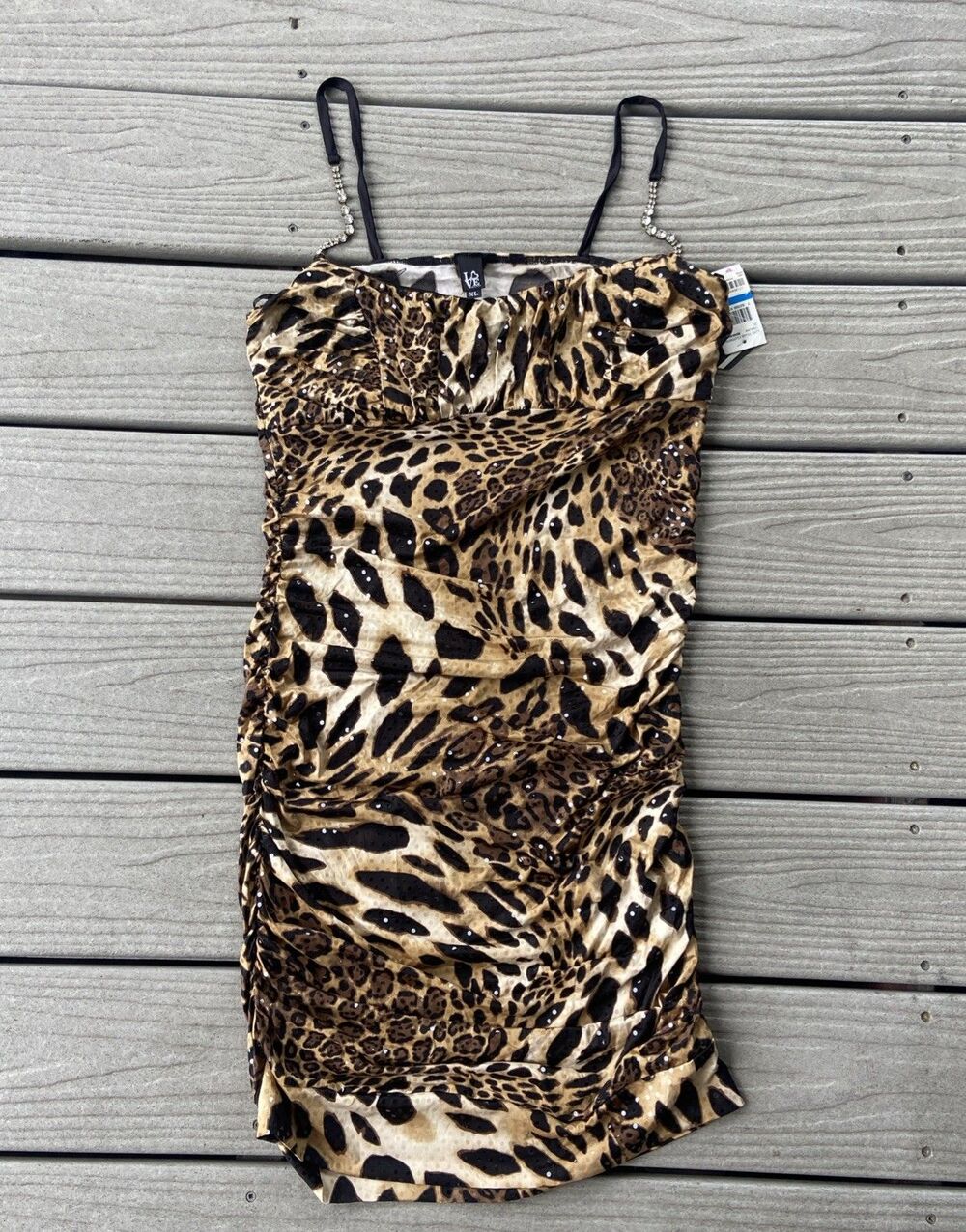 Love Tease XL Y2K Leopard Animal Print Sequin Ruched Mini Dress Rhinestone